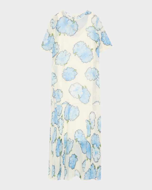 Carnation-Print Viscose Georgette Short-Sleeve Midi Dress